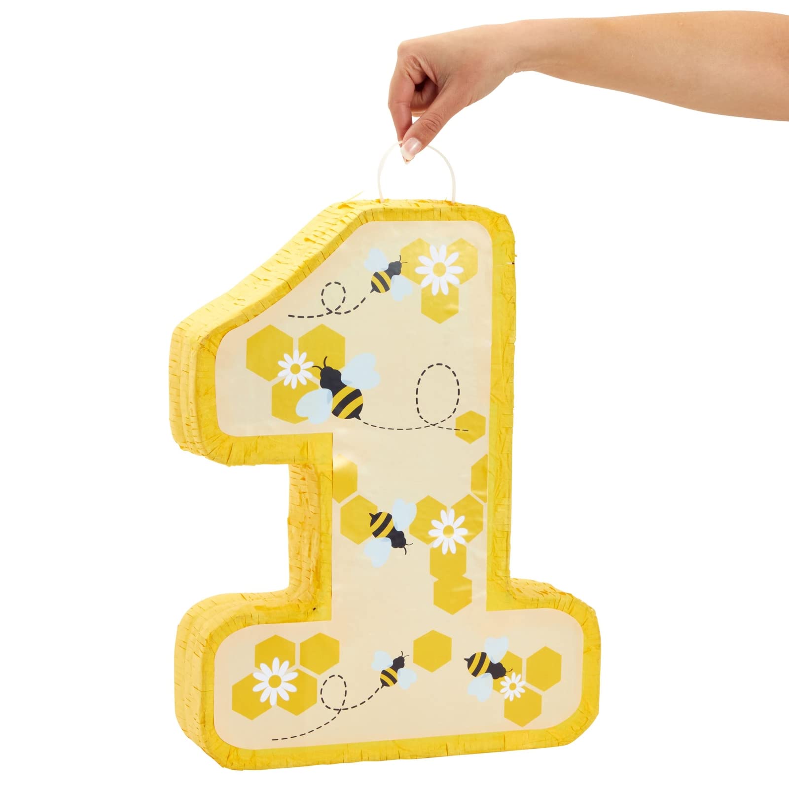 Blue Panda Number 1 Pinata for First Bee Day Party Decorations, Bumblebee, Honeycomb, Honey, and Sunflower Designs, Easy to Fill and Hang (Small, Yellow, 10.8x16.5x3 in)