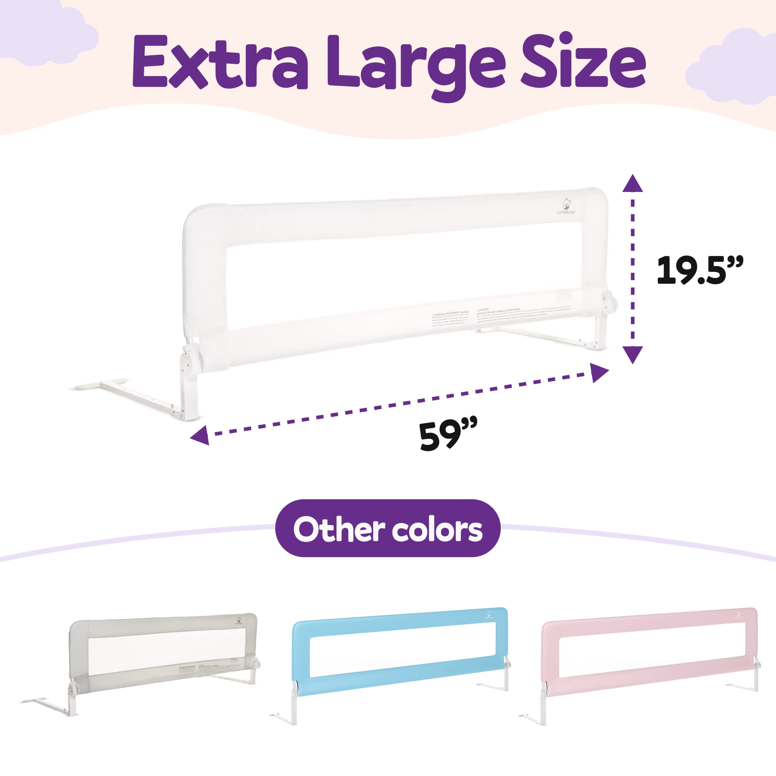ComfyBumpy Extra Long Toddler Bed Rails - Baby Bed Rail Guard for Kids, Twin, Full, King and Queen Beds - Adjustable Bed Rail for Toddlers - Baby Bed Side Bedrails - White, XL (59" x 19.5"), Pack of 2