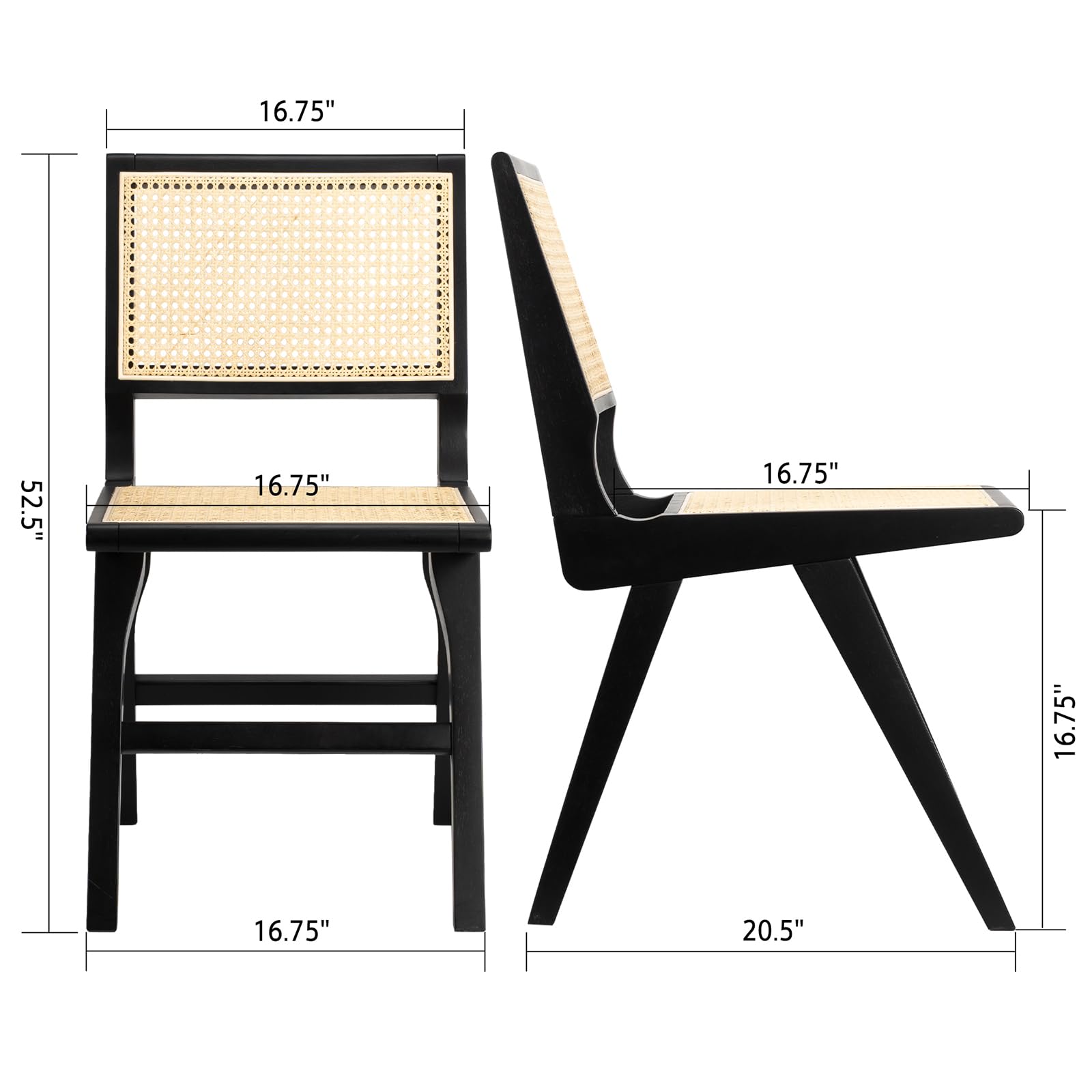 Accent Chair Dining Chairs Set of 2, Solid Wood Frame Boho Rattan Chair, Mid Century Modern Accent Chairs for Living Room Bedroom Dining Room Kitchen (Black)
