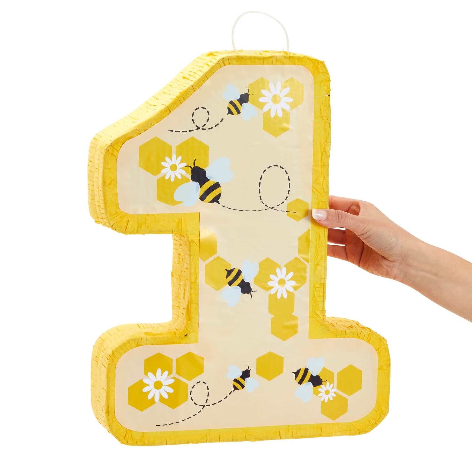 Blue Panda Number 1 Pinata for First Bee Day Party Decorations, Bumblebee, Honeycomb, Honey, and Sunflower Designs, Easy to Fill and Hang (Small, Yellow, 10.8x16.5x3 in)