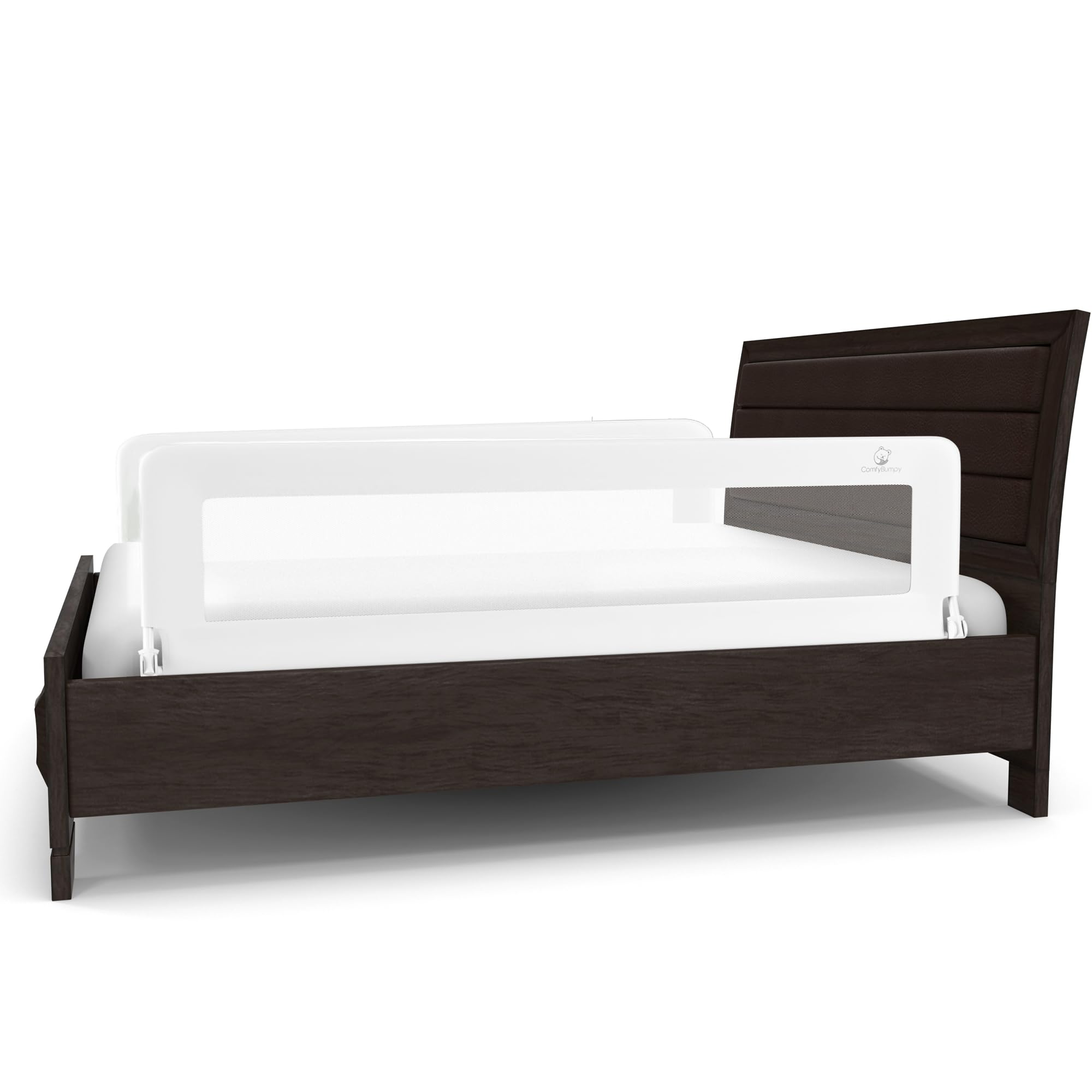 درابزين سرير الأطفال طويل جدًا من ComfyBumpy - واقي درابزين سرير الأطفال، سرير مزدوج، سرير كامل، سرير كينج وكوين - درابزين سرير قابل للتعديل للأطفال الصغار - درابزين جانبي لسرير الأطفال - أبيض، مقاس XL (59 بوصة × 19.5 بوصة)، عبوة من قطعتين
