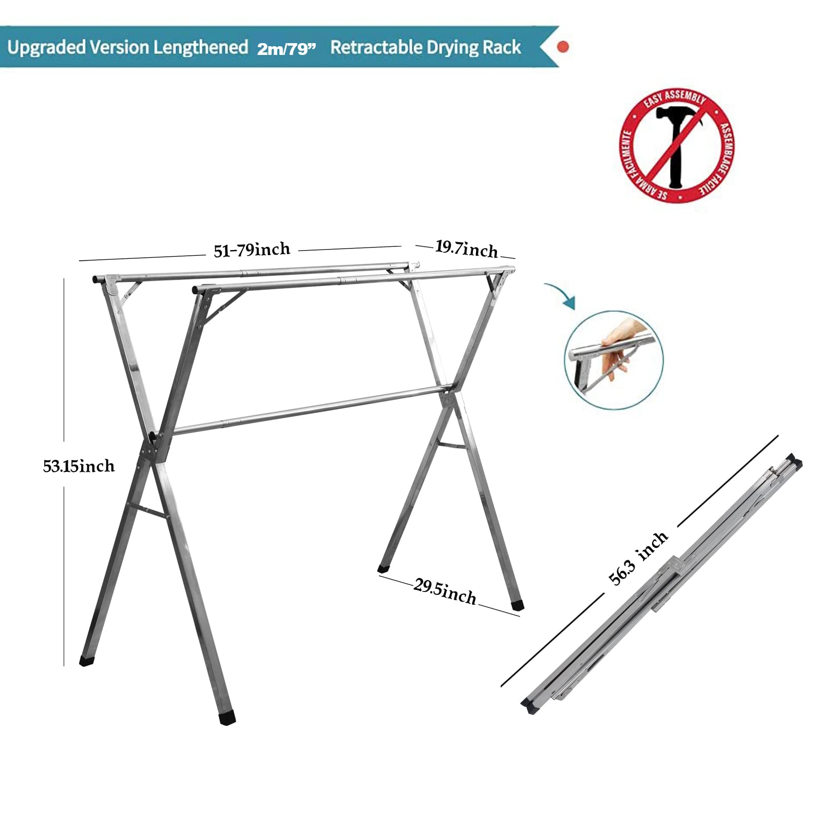 SHAREWIN Clothes Drying Rack Laundry Clothing Foldable Hanging Cloth Drying Racks Stainless Steel Collapsible Garment Rack Space Saving for Indoor Outdoor Free Installed Hanger Heavy Duty