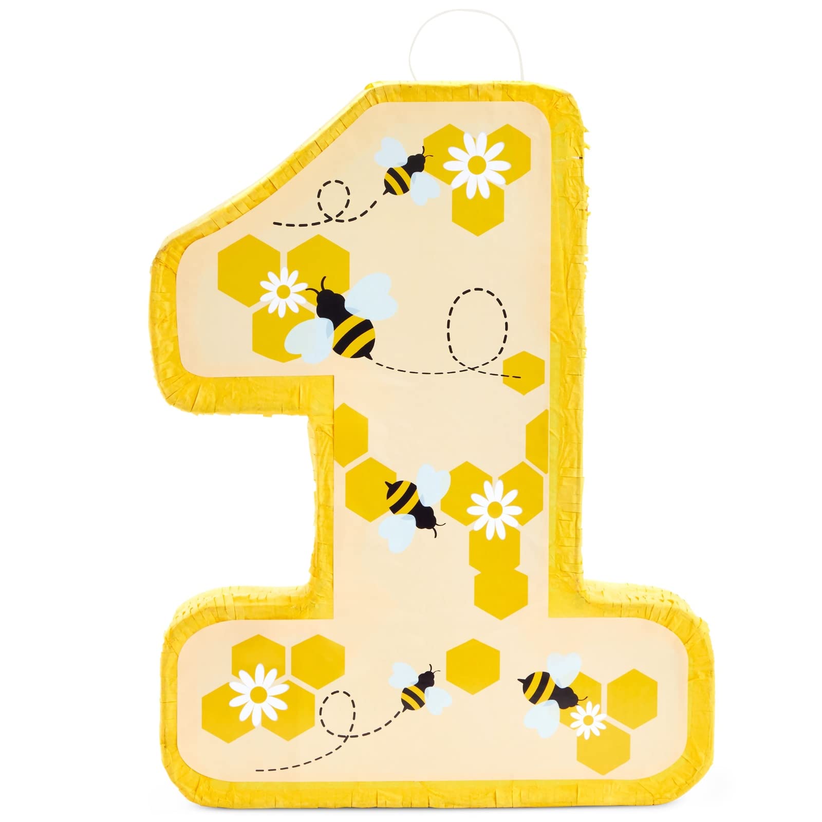 Blue Panda Number 1 Pinata for First Bee Day Party Decorations, Bumblebee, Honeycomb, Honey, and Sunflower Designs, Easy to Fill and Hang (Small, Yellow, 10.8x16.5x3 in)