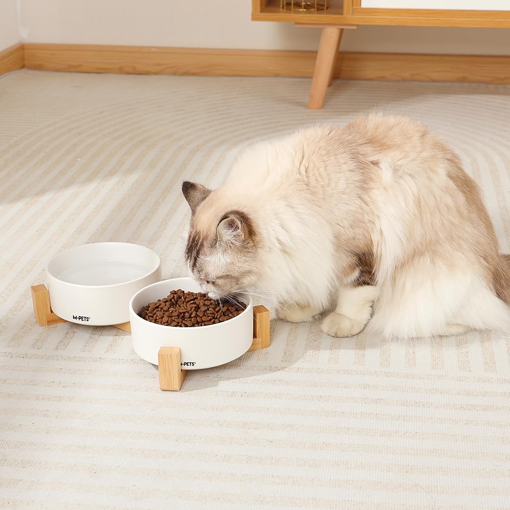 M-PETS Opera Ceramic Bowls with Bamboo Stand - White, 2 × 850ml