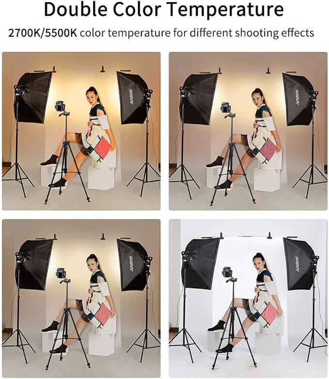 Andoer Studio Photography Video Softbox LED Light Kit Including 20 * 28 Inches Softboxes 45W Bi-color Temperature 2700K/5500K Dimmable LED Lights 2 Meters Light Stands Carry Bag, 2 Packs