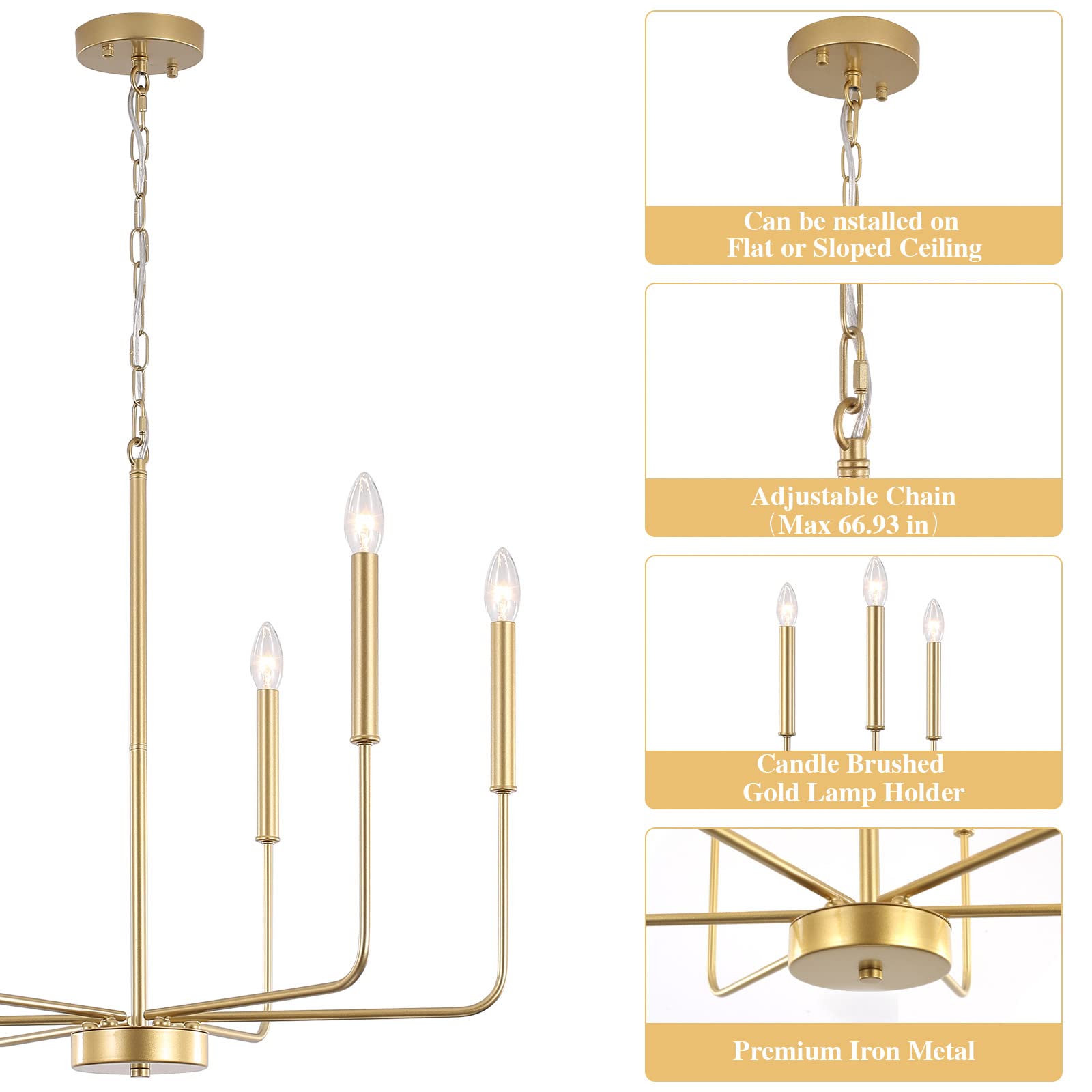 ETONIMERR Gold Chandelier Light Fixtures Ceiling Hanging Modern Farmhouse Chandelier for Dining Room, Candle Gold Pendant Light for Kitchen Island Living Room Foyer Bedroom