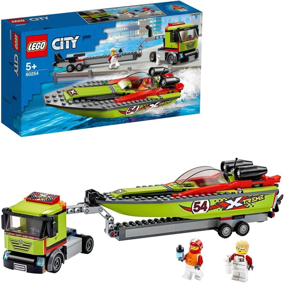 City Great Vehicles Lego 60254 Race Boat Transporter Truck Toy with Trailer and Speedboat, Floating Bath Toy for Kids 5 to 7 Year Old