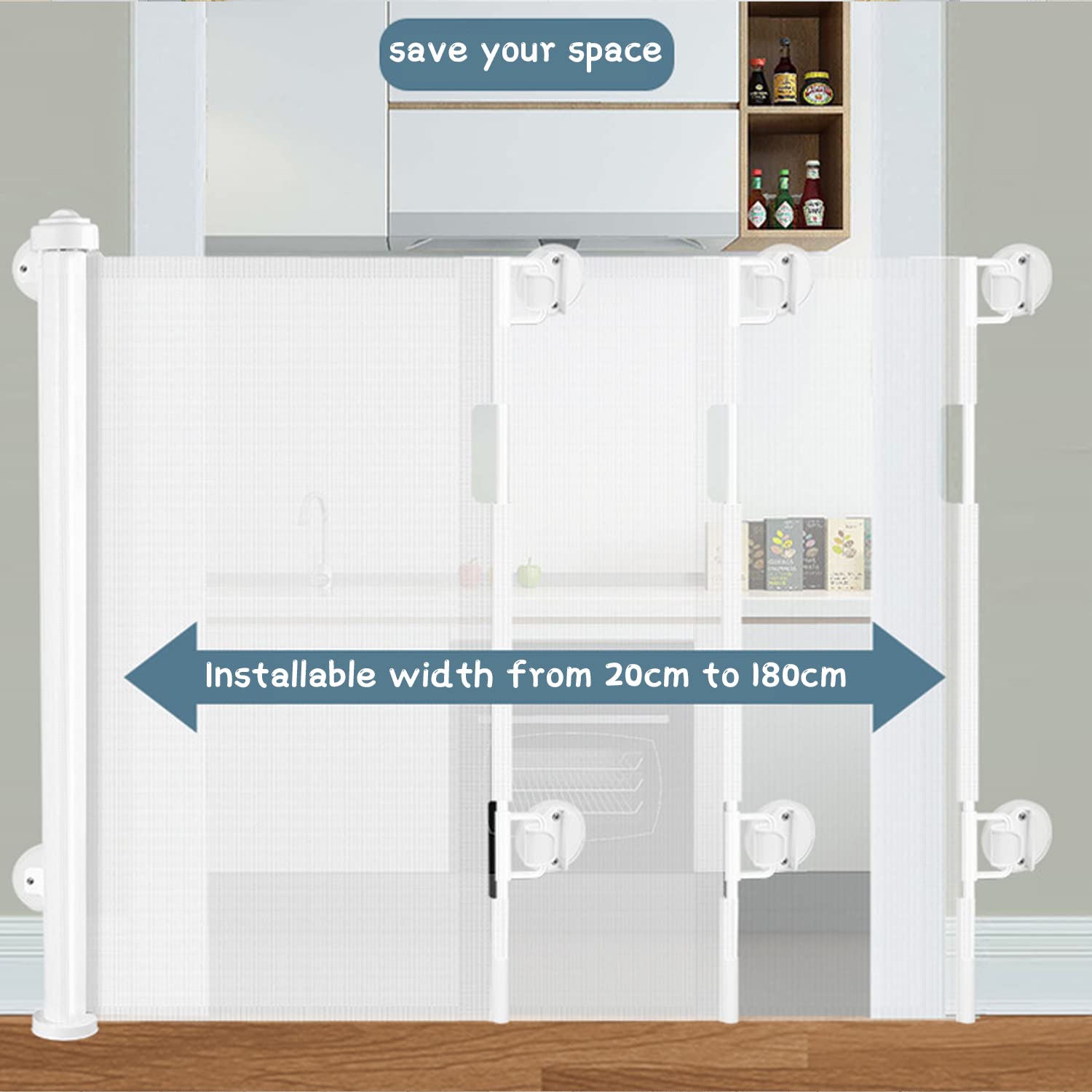 Beauenty Retractable Baby Gate, Baby Gate for Smooth Wall No Drilling, Adjustable Width and Height, Pet Gate for Doorway, Staircase, Indoor, Outdoor (White 150CM x 88CM)