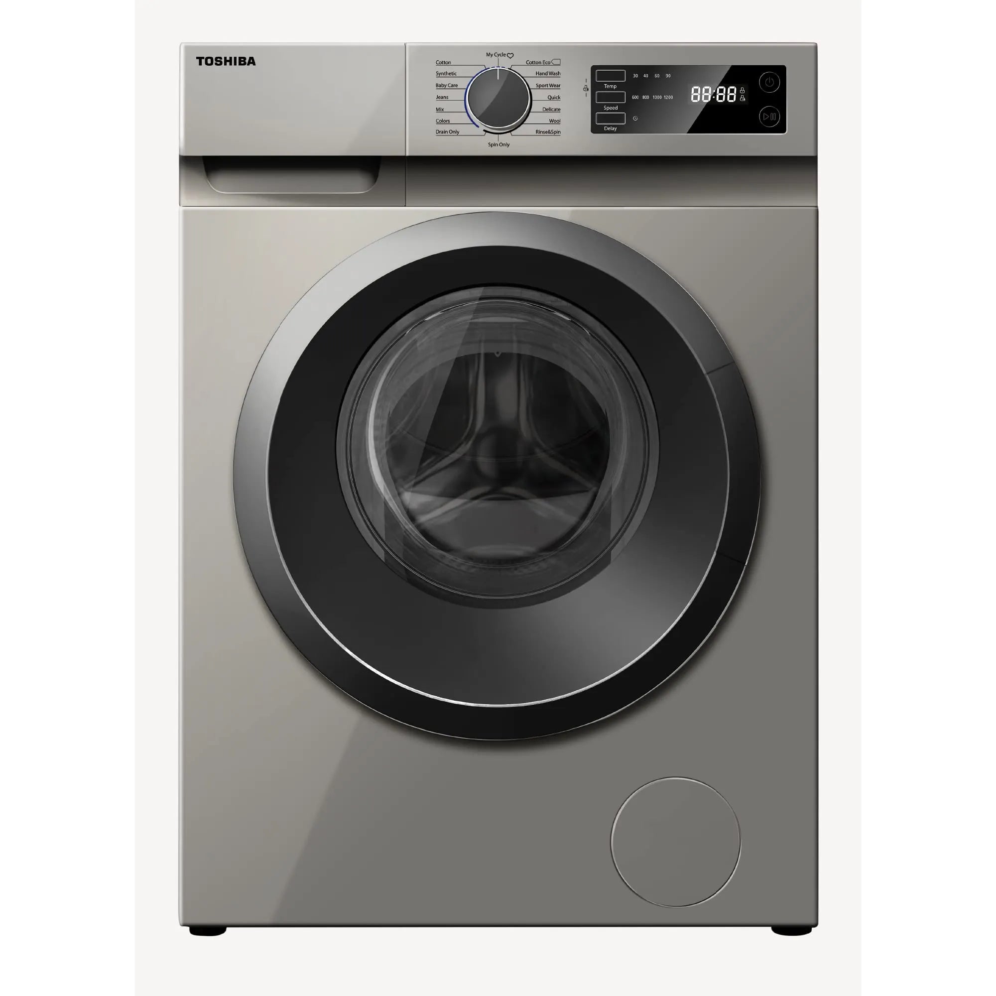 Toshiba TW-H80S2A(WK) 7kg Front Load Washing Machine with 1200 RPM spin speed. Sleek silver design with intuitive controls for easy laundry days.