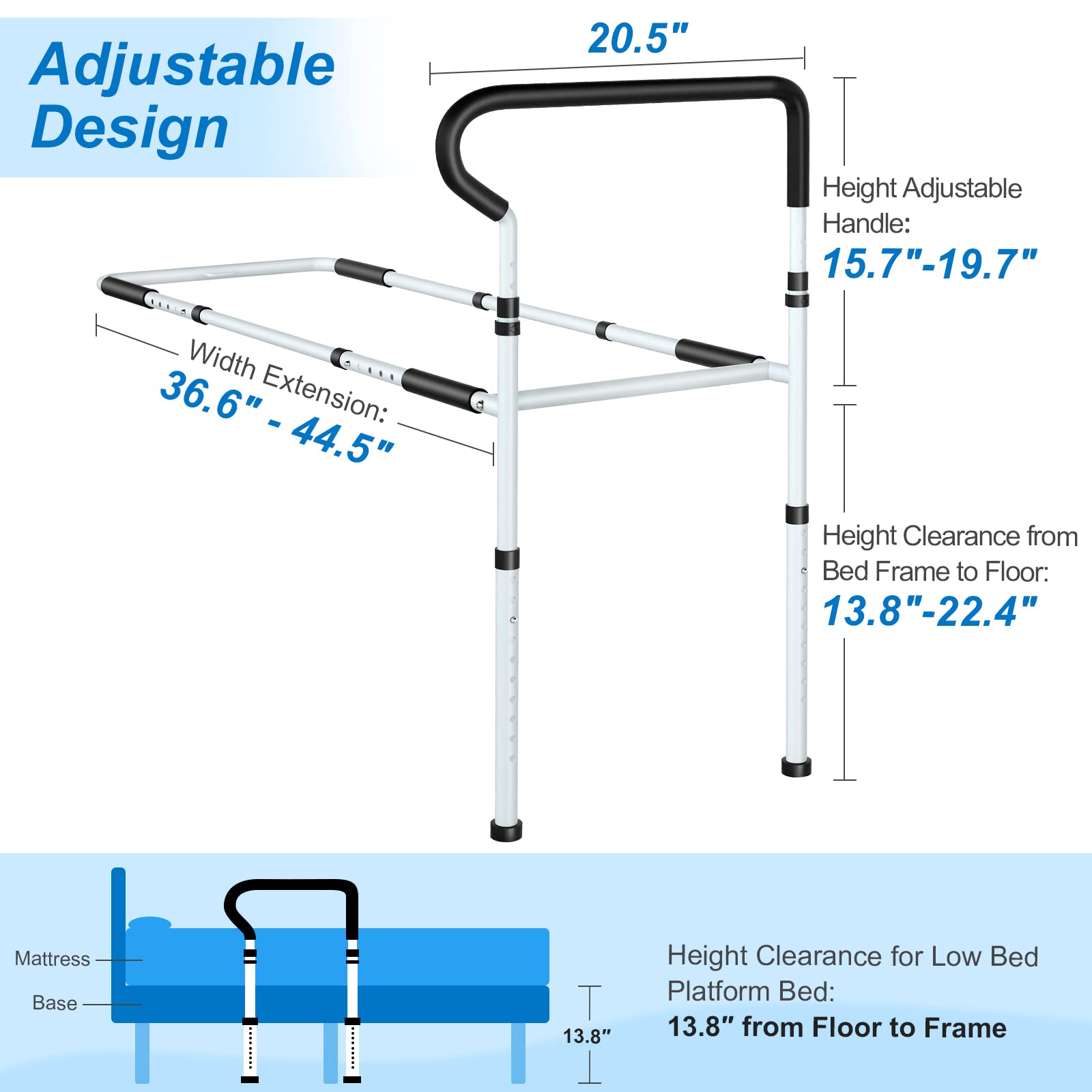 KingPavonini Bed Rails for Elderly Adults Safety - Adjustable Bed Cane with Non-Slip Ergonomic Handle and Storage Pocket, Stable Bed Assist Rails for Seniors Hold up to 400 Lbs, Tool-Free Assembly
