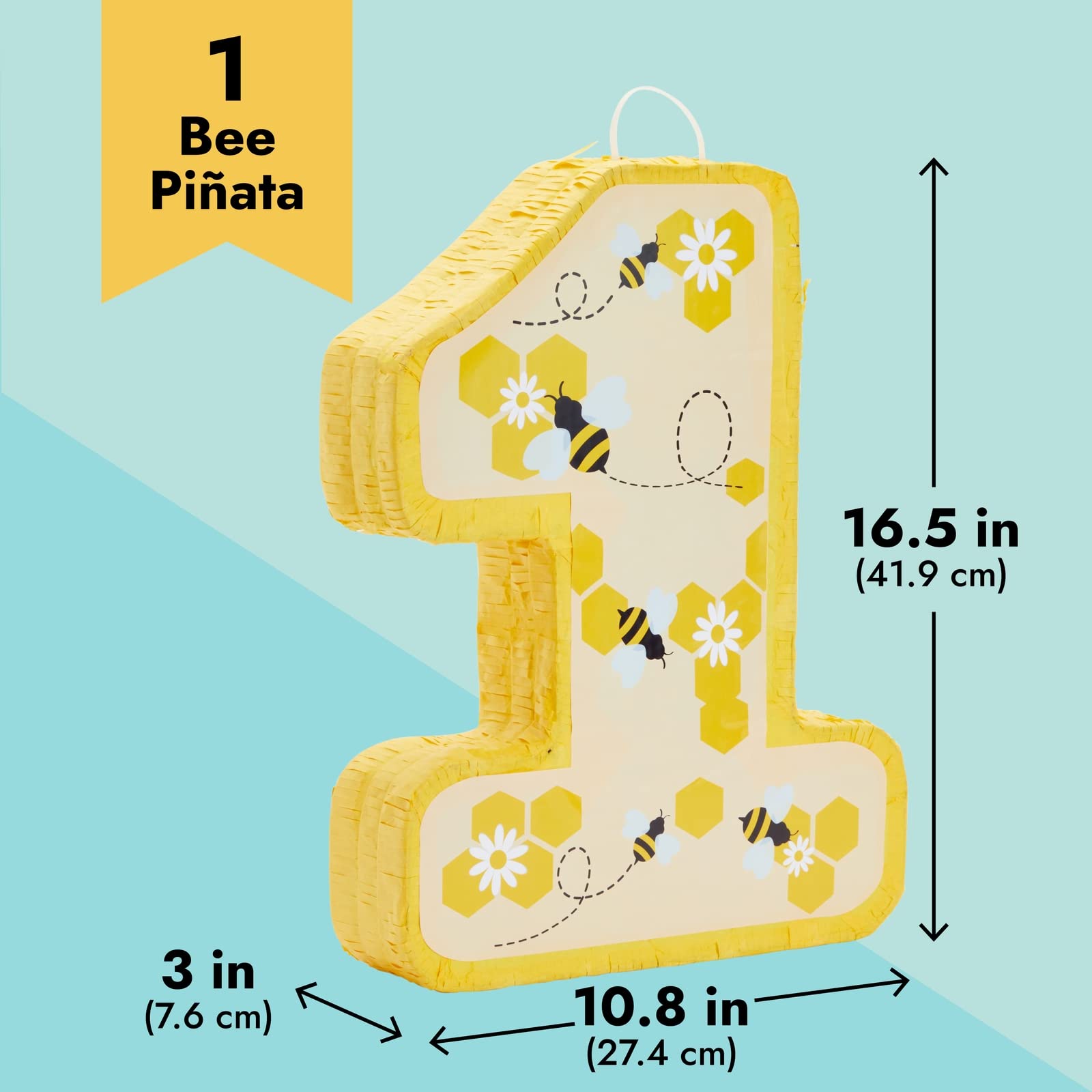 Blue Panda Number 1 Pinata for First Bee Day Party Decorations, Bumblebee, Honeycomb, Honey, and Sunflower Designs, Easy to Fill and Hang (Small, Yellow, 10.8x16.5x3 in)