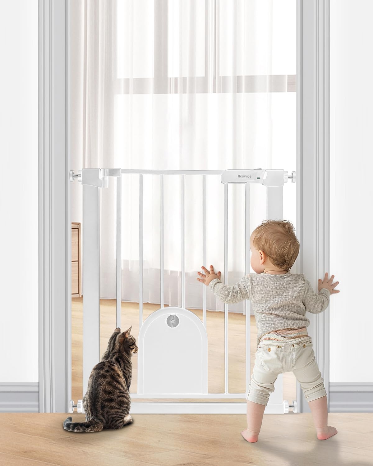 Newnice 26-29'' Narrow Baby Gate with Cat Door, Auto Close & Easy Walk Thru Dog Pet Gates for Stairs, Doorway, House, Pressure Mounted Safety Child Gate Includes 4 Wall Cups, White