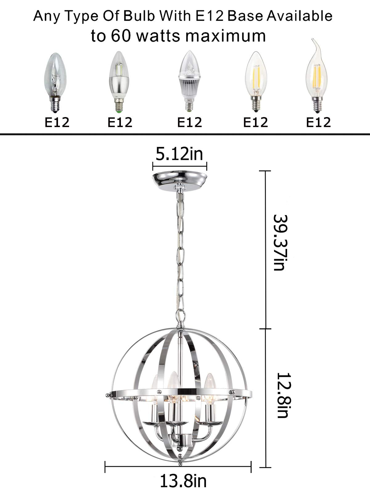 Chrome Chandelier Lighting Industrial Globe Chandeliers 3 Light Metal Ceiling Light Fixture 17176