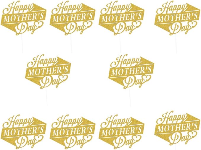 BinaryABC Happy Mother's Day Cake Toppers – 10 Pcs Golden Glitter Cupcake Picks – Elegant Cake Decoration Party Supplies for Mother's Day Celebration