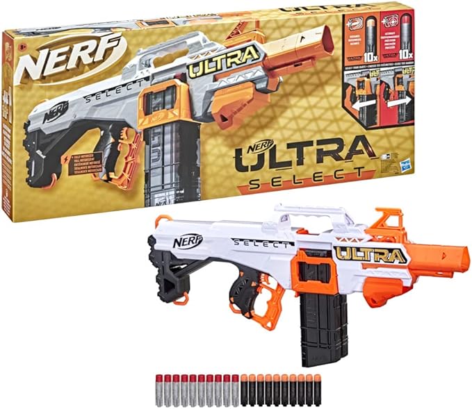 Nerf Ultra Select is a fully motorized blaster with 2 fire options, with magazines and darts