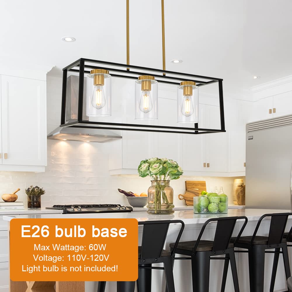 VINLUZ Industrial Chandeliers 3 Light with Clear Glass Shade Brushed Brass and Black