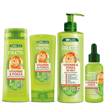 Garnier Fructis Vitamins & Forza Routine Set with Shampoo, Balm, 10-in-1 Treatment and Anti-Fall Serum, for Smooth Hair and Breakage, Ruched Formula with Vitamins 400ml