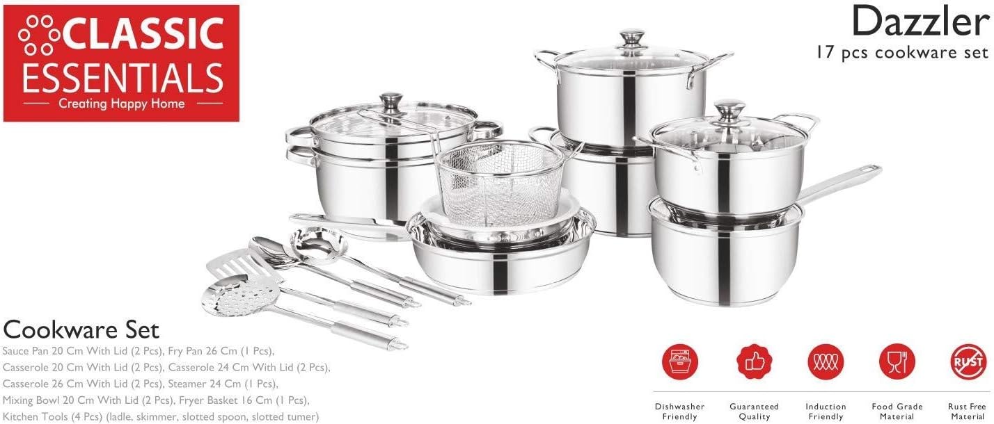 Classic Essentials Dazzler Set for Modern Kitchens - 17 Piece Cookware Excellence