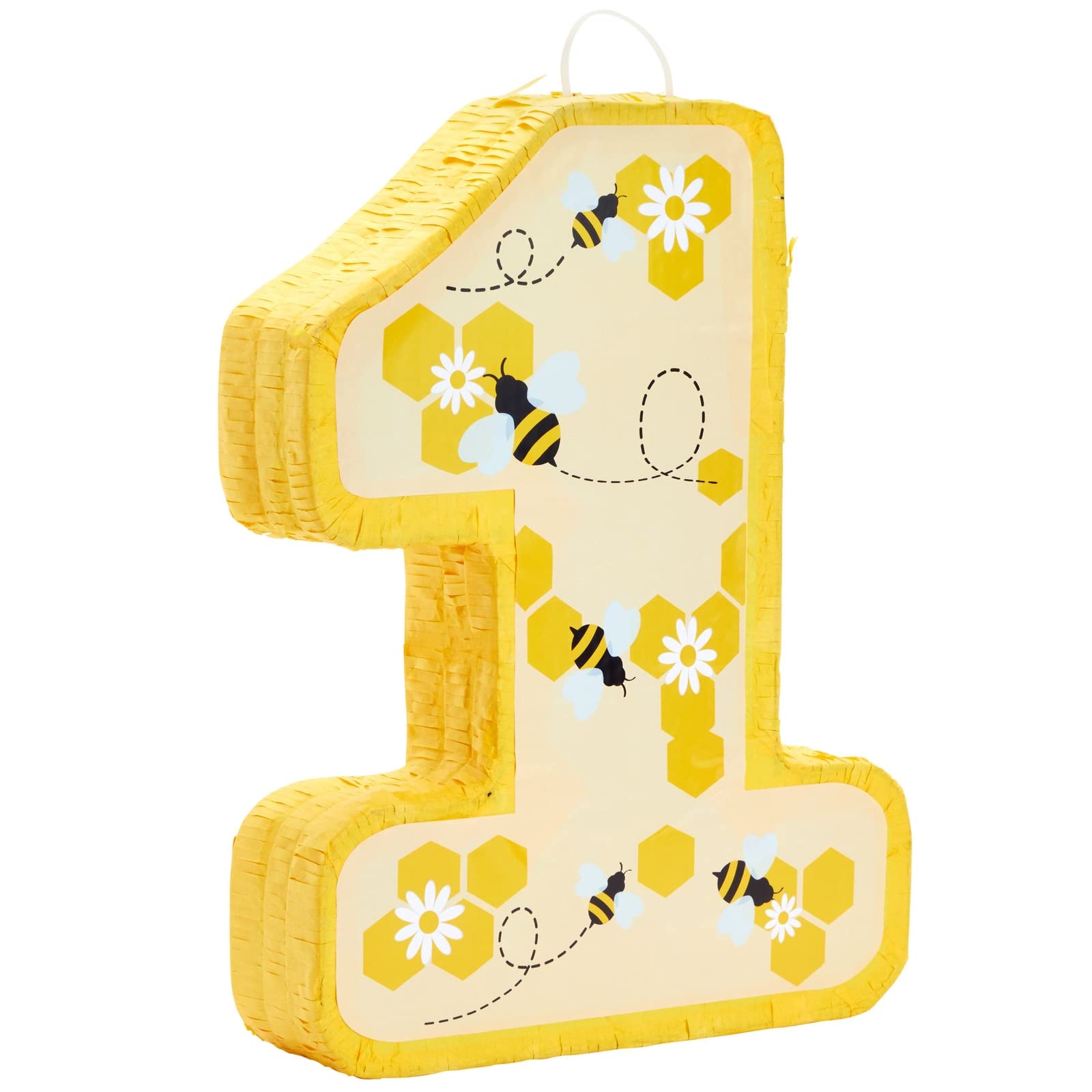 Blue Panda Number 1 Pinata for First Bee Day Party Decorations, Bumblebee, Honeycomb, Honey, and Sunflower Designs, Easy to Fill and Hang (Small, Yellow, 10.8x16.5x3 in)