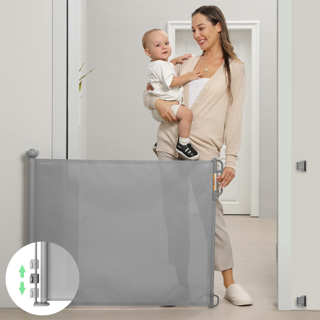 Momcozy Retractable Baby Gate, Mesh Baby Gate or Mesh Dog Gate, 83 CM Tall, Extends up to 140 CM Wide, Child Safety Gate for Doorways, Stairs, Hallways, Indoor/Outdoor, Grey
