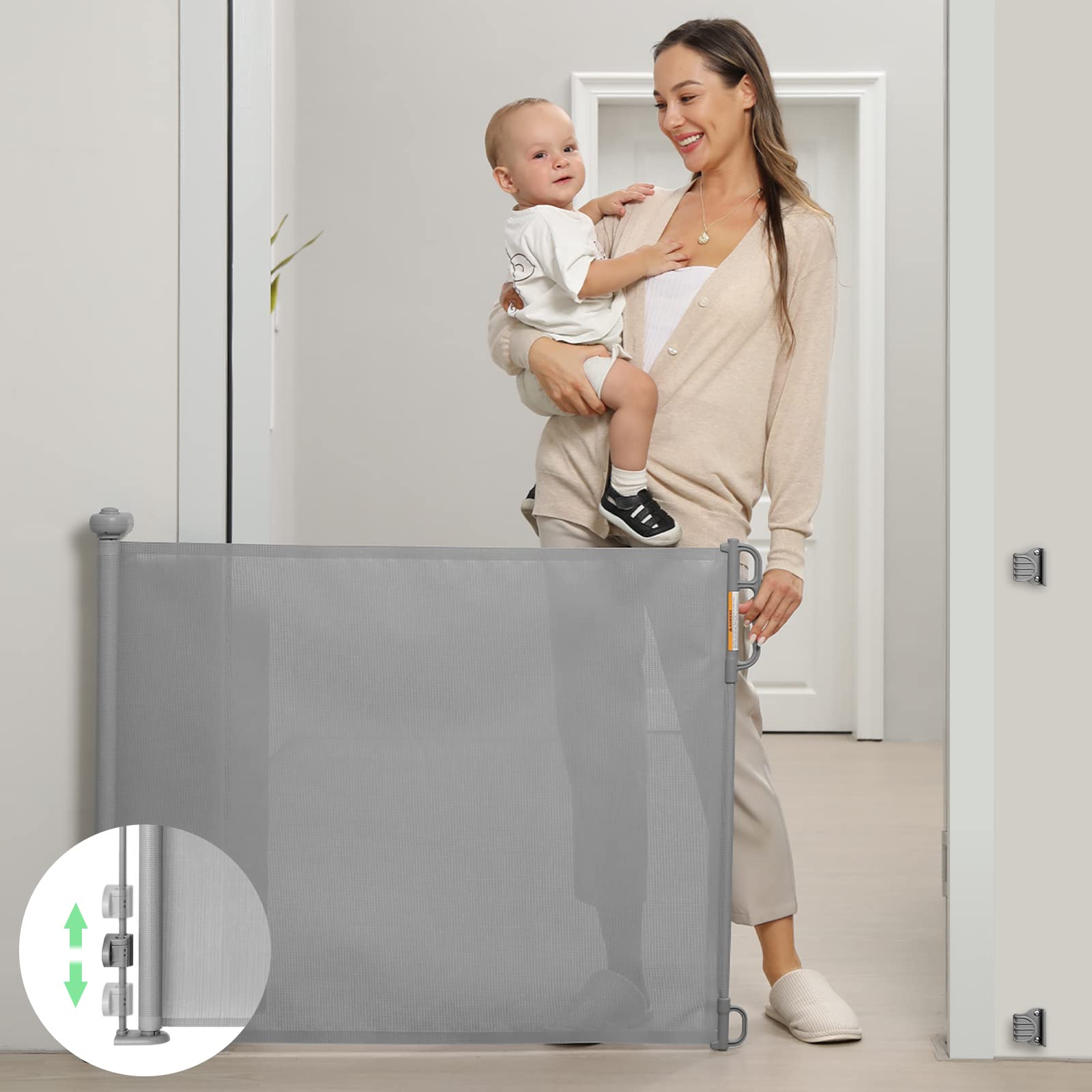 Momcozy Retractable Baby Gate, Mesh Baby Gate or Mesh Dog Gate, 83 CM Tall, Extends up to 140 CM Wide, Child Safety Gate for Doorways, Stairs, Hallways, Indoor/Outdoor, Grey