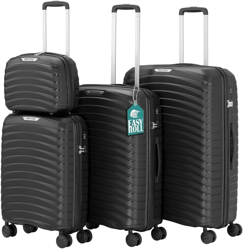 Set of 4 Hard Suitcases with Ultra Shock Resistant Polypropylene Beauty Case, Telescopic Handle Trolley and Easy Roll Wheels, Reinforced Code Lock and Modern Design, Black, 78 × 52,5 × 29,5