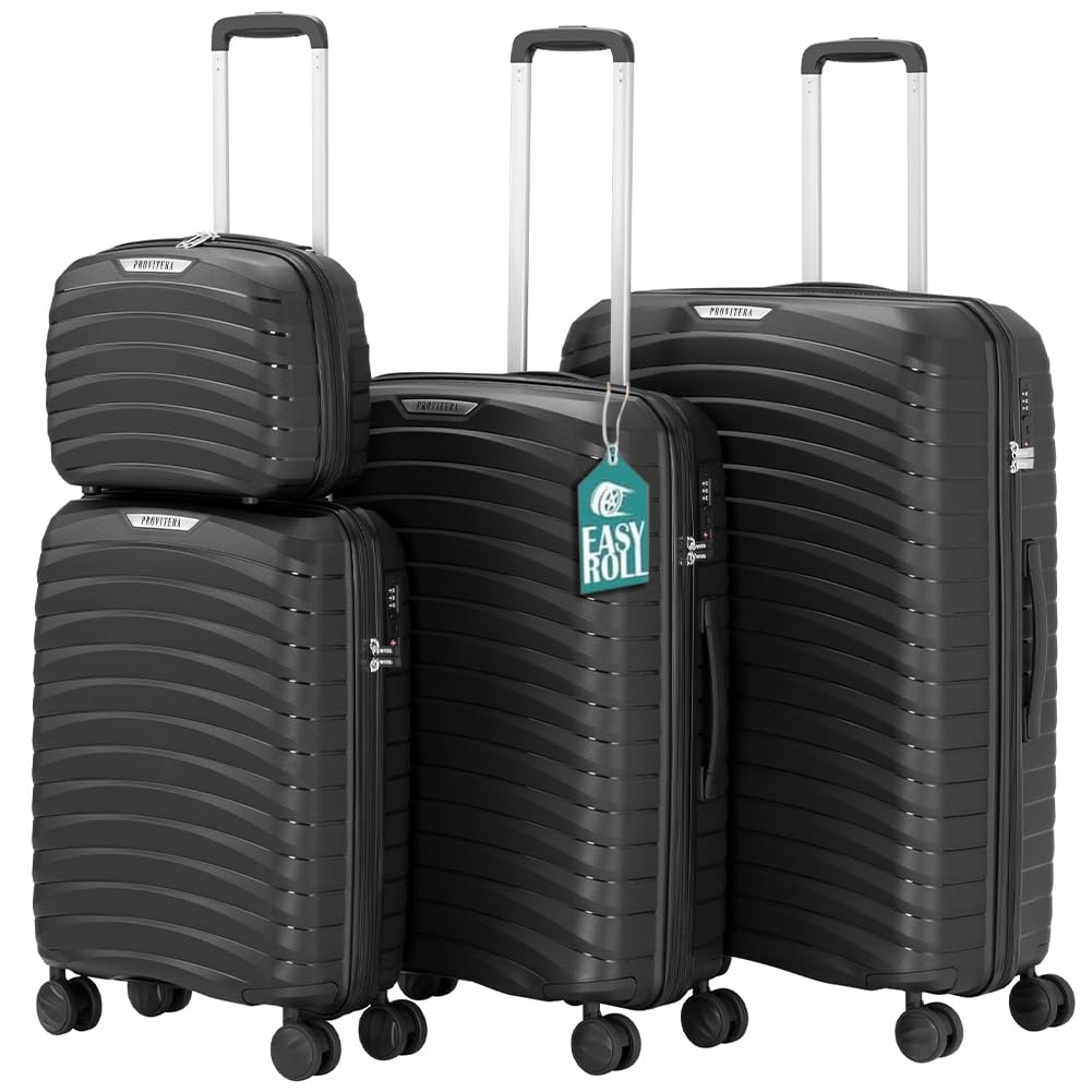 Set of 4 Hard Suitcases with Ultra Shock Resistant Polypropylene Beauty Case, Telescopic Handle Trolley and Easy Roll Wheels, Reinforced Code Lock and Modern Design, Black, 78 × 52,5 × 29,5
