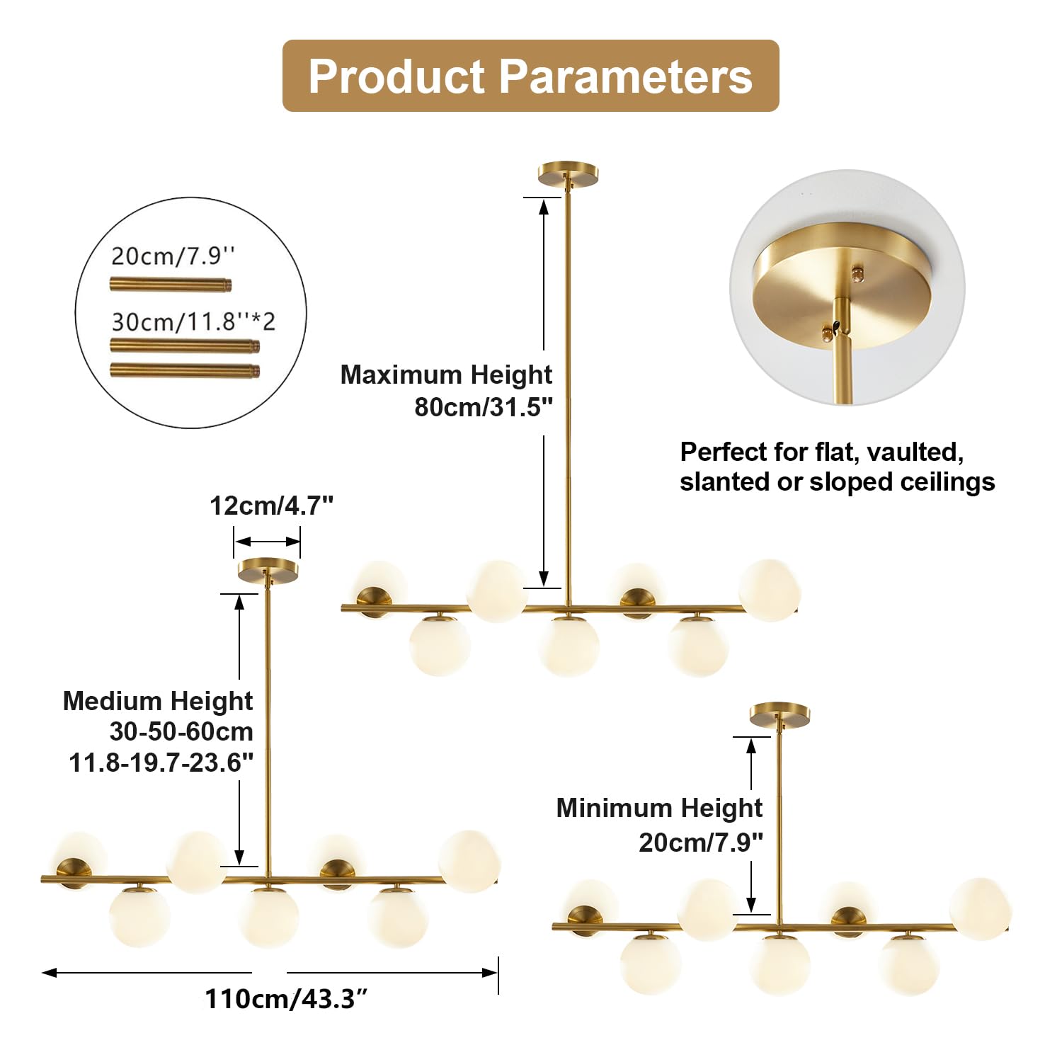 KCO Lighting Modern Brass Linear Chandelier Pendant Light, Gold and White