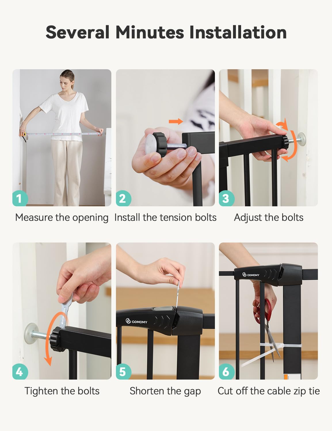 COMOMY 29.5-43.3" Safety Baby Gate Extra Wide, Auto Close Dog Gate for House Doorways Stairs, Pressure Mounted Easy Walk Through Pet Gate Child Gate, Includes 2.75" and 8.25" Extension, Black