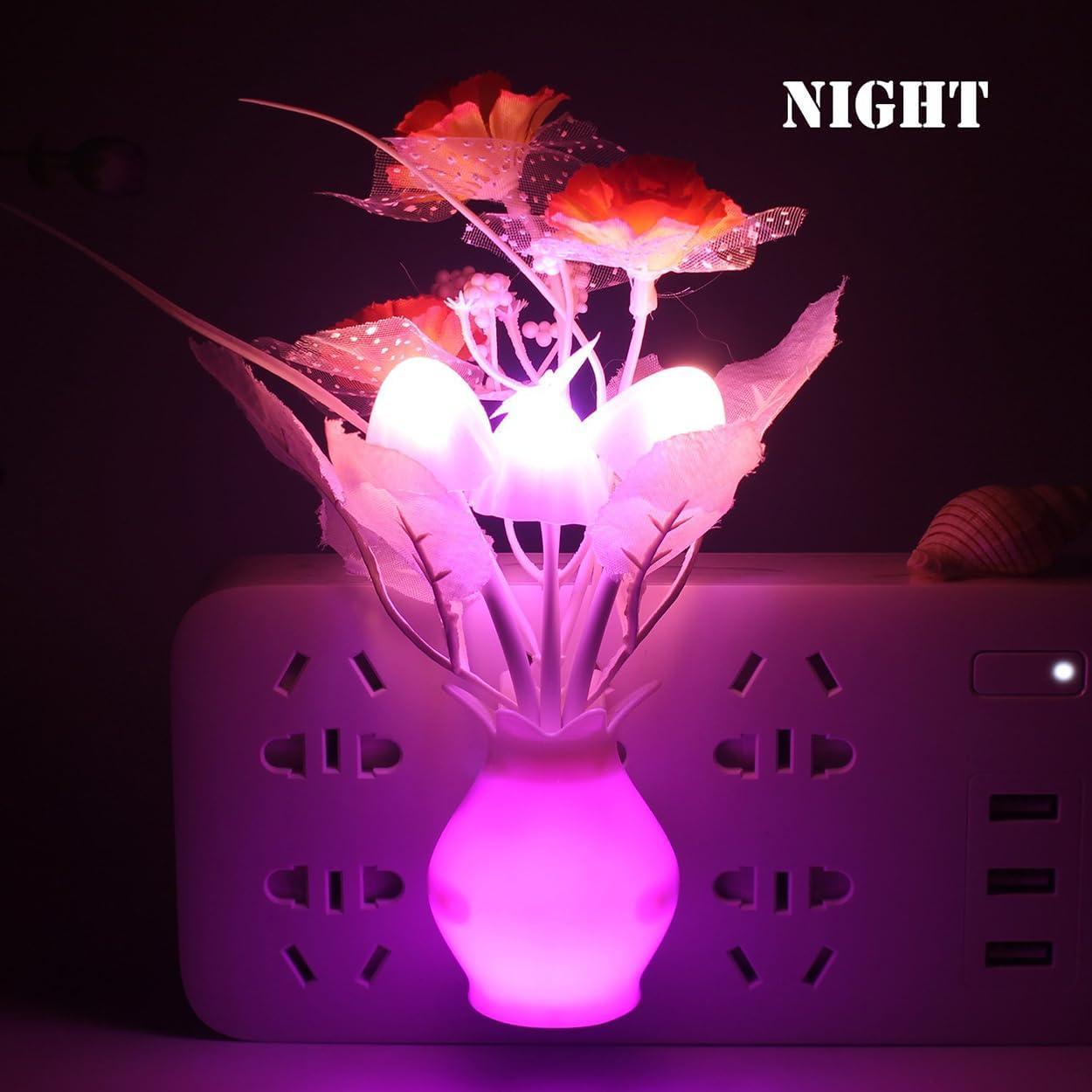 Color-Changing Mushroom Night Lights with Pink Carnation Roses