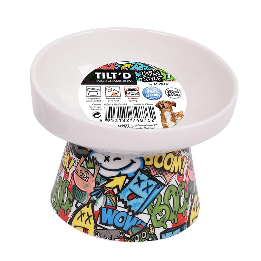 M-PETS Freestyle Tilted Raised Ceramic Bowl - Multicolor, 250ml