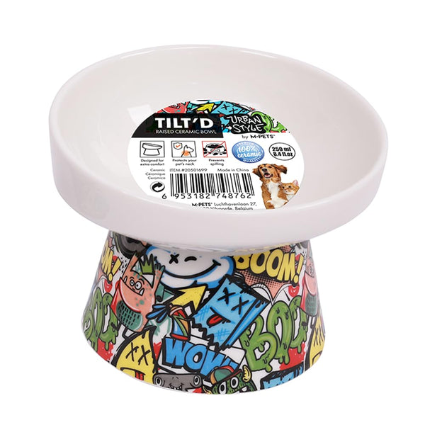M-PETS Freestyle Tilted Raised Ceramic Bowl - Multicolor, 250ml