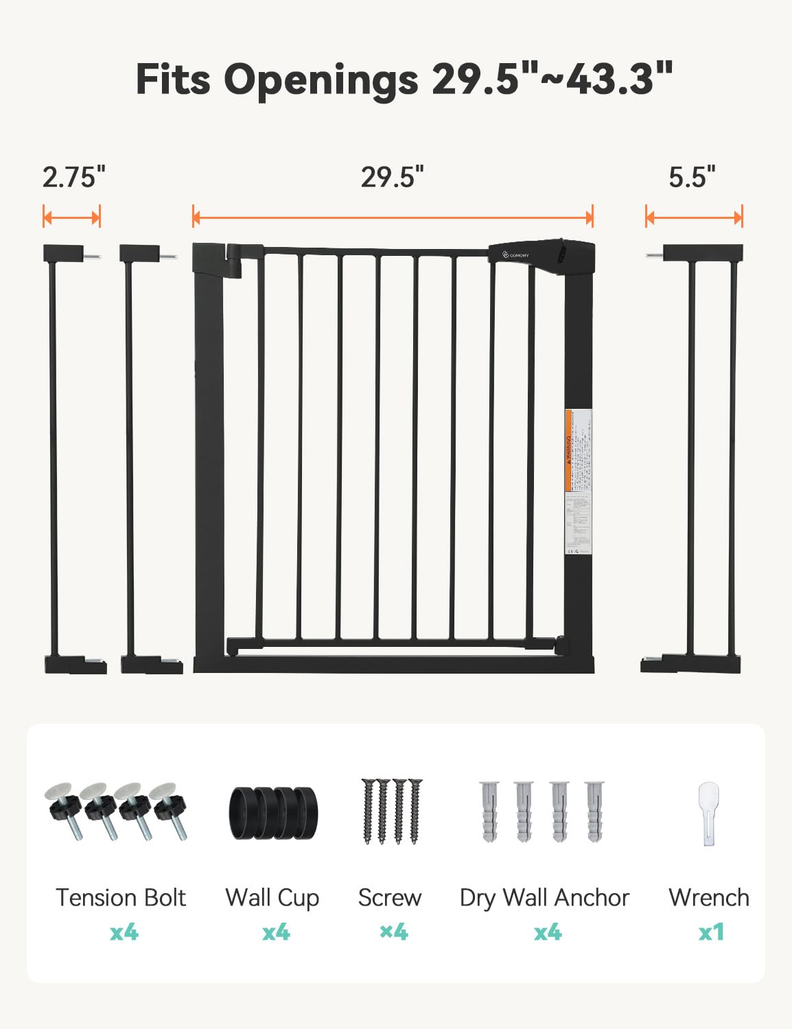 COMOMY 29.5-43.3" Safety Baby Gate Extra Wide, Auto Close Dog Gate for House Doorways Stairs, Pressure Mounted Easy Walk Through Pet Gate Child Gate, Includes 2.75" and 8.25" Extension, Black