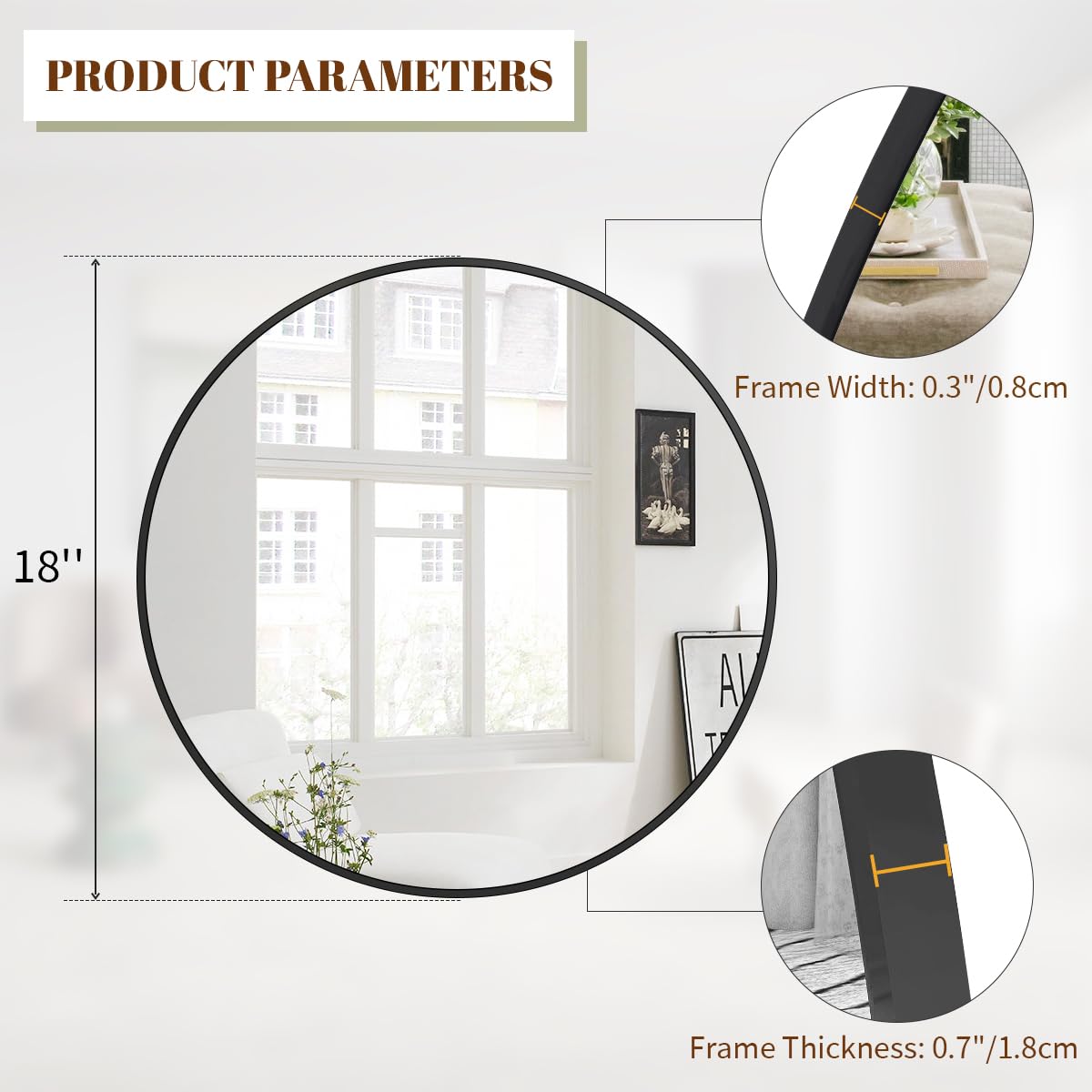 BEAUTYPEAK 45 cm  Round Mirror, Black Metal Frame Circle Mirror