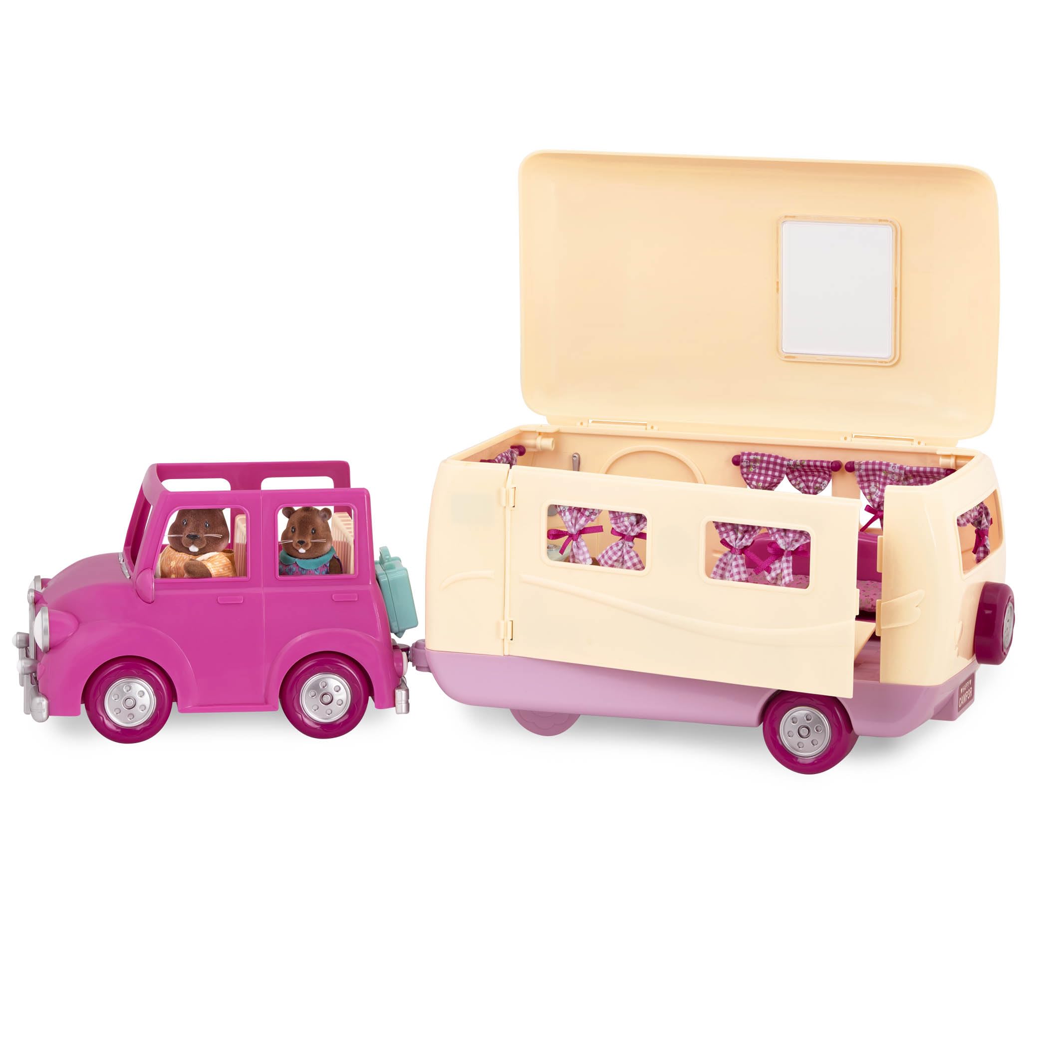 Li’l Woodzeez – Happy Camper Pink with Detachable Toy Vehicle – 40 Pcs Dollhouse Playset Including Furnitures, Play Food & Kitchen Accessories for Kids Age 3+ – Doll Figures Sold Seperately