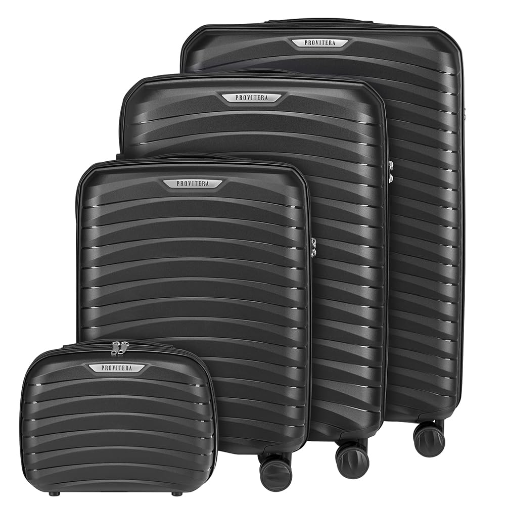 Set of 4 Hard Suitcases with Ultra Shock Resistant Polypropylene Beauty Case, Telescopic Handle Trolley and Easy Roll Wheels, Reinforced Code Lock and Modern Design, Black, 78 × 52,5 × 29,5