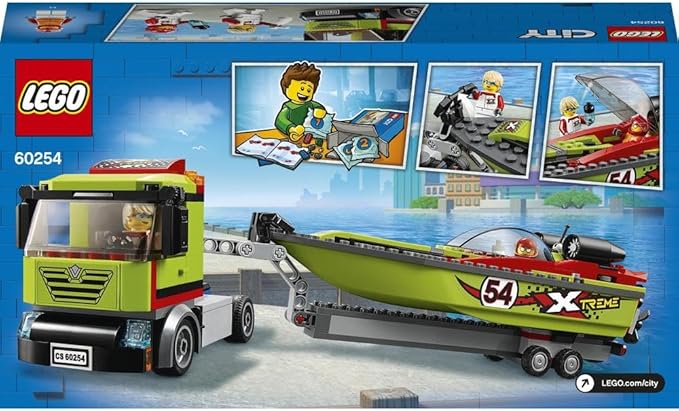 City Great Vehicles Lego 60254 Race Boat Transporter Truck Toy with Trailer and Speedboat, Floating Bath Toy for Kids 5 to 7 Year Old