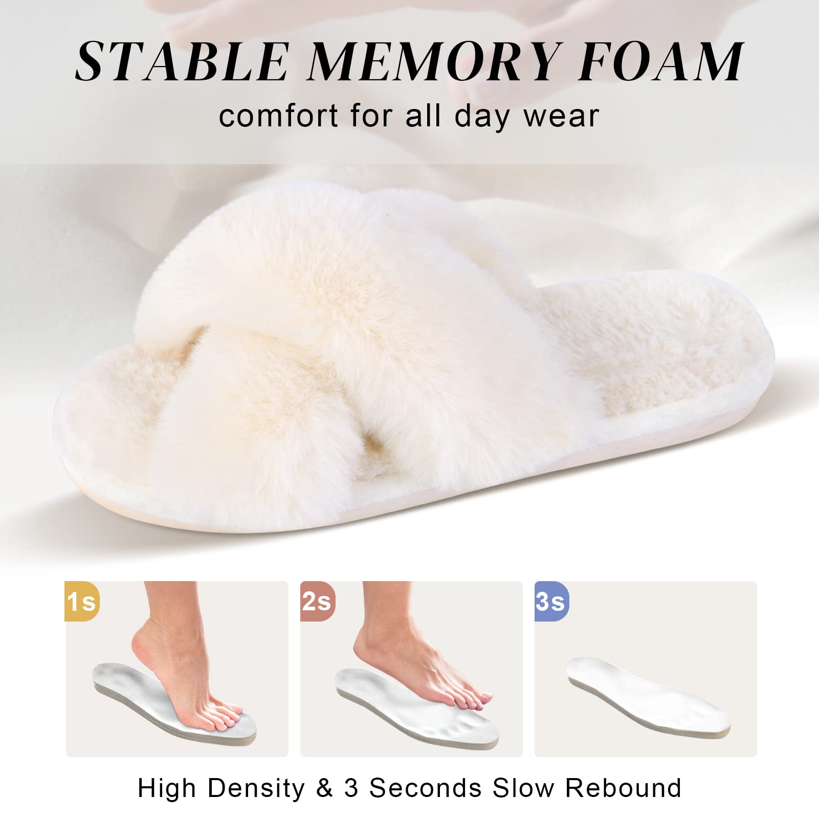 SIZE: 38-39 - Women's Cross Band Slippers Soft Plush Furry Cozy Open Toe House Shoes Indoor Outdoor Faux Rabbit Fur Warm Comfy Slip On Breathable (off-white)