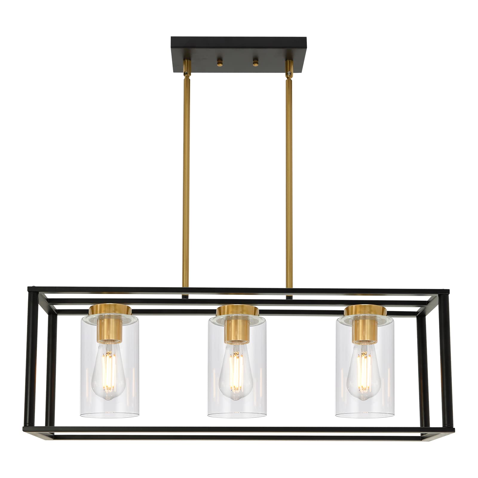 VINLUZ Industrial Chandeliers 3 Light with Clear Glass Shade Brushed Brass and Black