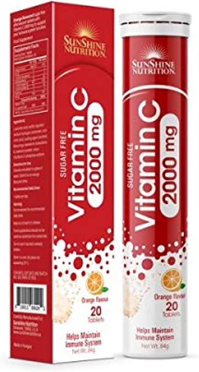 Sunshine Nutrition Vitamin C 2000Mg Effervescent 20 Tablets | Immunity Boosters Intake | Sugar-Free | Orange Flavor