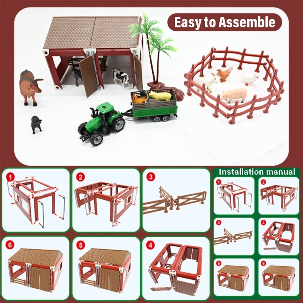 Buyger Mini Barn Farm Toys Playset, Plastic Animals Figurines and Fence Farm Playset, Farm Figures Farmer Vehicle Toy Truck with Trailer for 3-12 Years Old Kids Boys Girls Toddlers