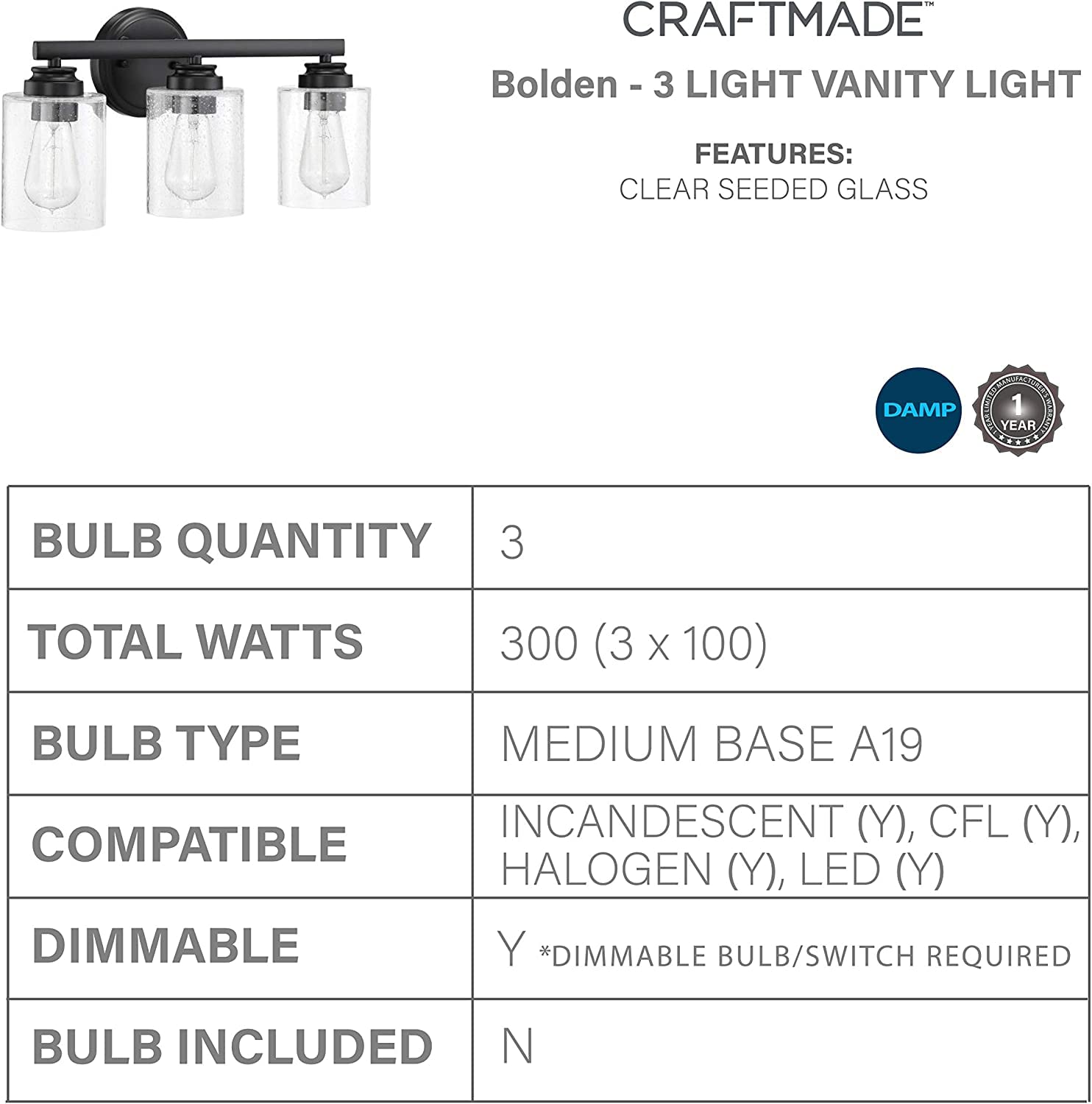 Craftmade 50503-FB Bolden Clear Seeded Glass Vanity Bath Lighting, 3-Light 300 Watts, Flat Black