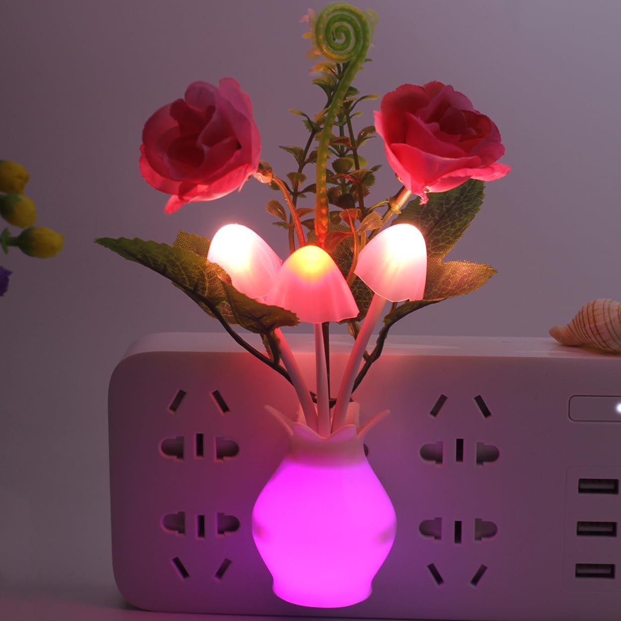 Color-Changing Mushroom Night Lights with Pink Carnation Roses