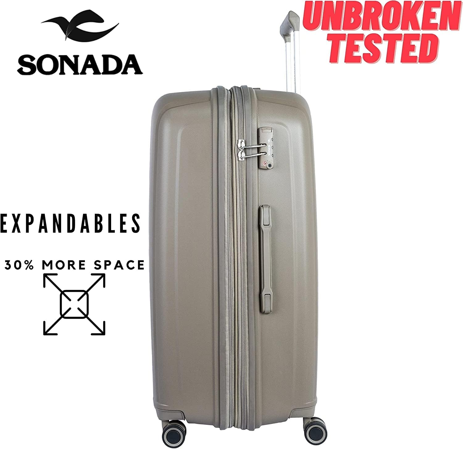 Sonada Unbreakable Luggage Unisex,Double Zipper,Expandable, TSA Lock With 4 Double Silent Wheels (Set of 4, Brown)