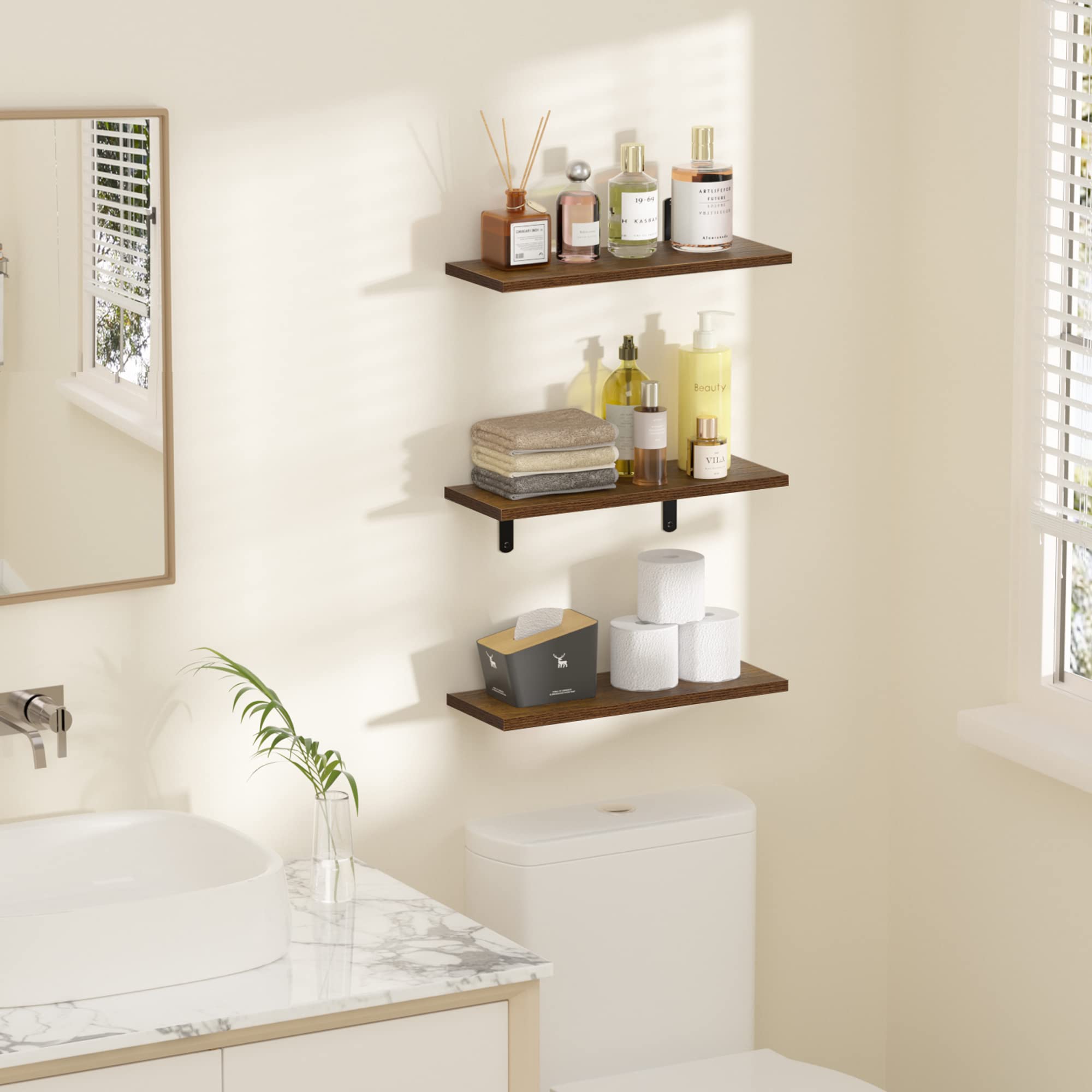 Upsimples Floating Shelves for Wall Decor Storage, Wall Mounted Shelves Set of 3, Sturdy Small Wood Shelves with Metal Brackets Hanging for Bedroom, Living Room, Bathroom, Kitchen, Book, Dark Brown