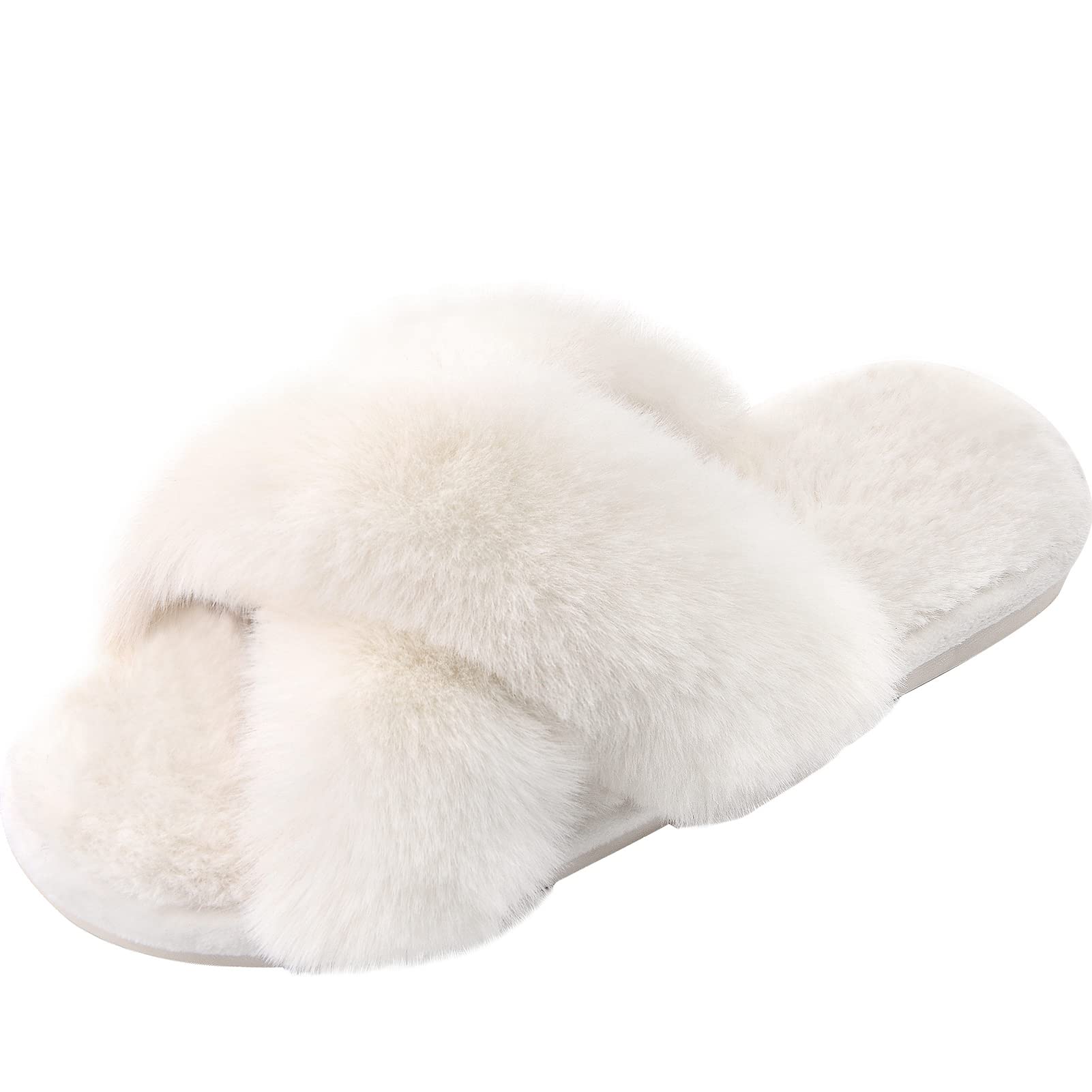 SIZE: 38-39 - Women's Cross Band Slippers Soft Plush Furry Cozy Open Toe House Shoes Indoor Outdoor Faux Rabbit Fur Warm Comfy Slip On Breathable (off-white)