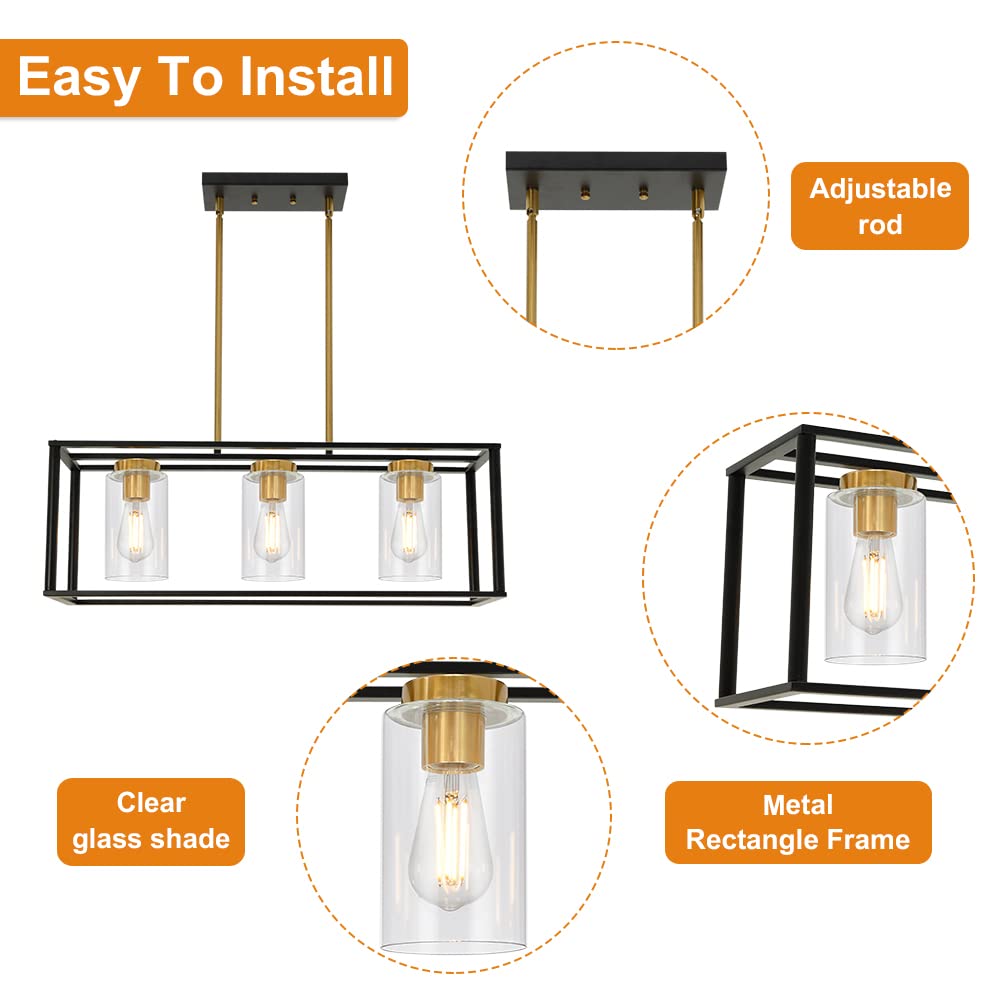 VINLUZ Industrial Chandeliers 3 Light with Clear Glass Shade Brushed Brass and Black