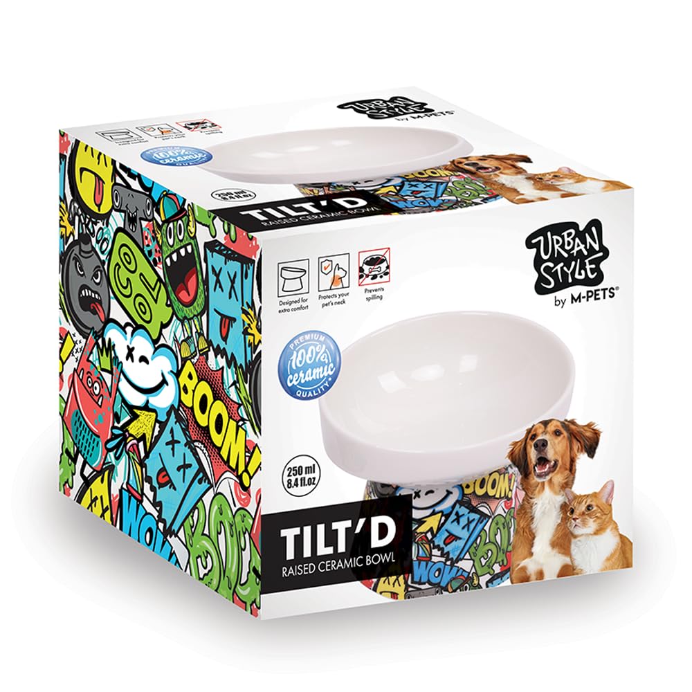 M-PETS Freestyle Tilted Raised Ceramic Bowl - Multicolor, 250ml