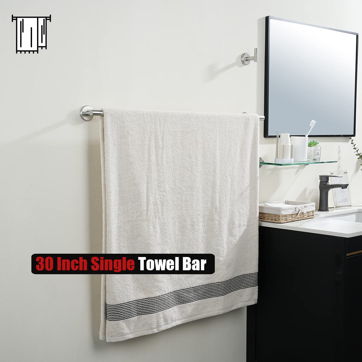 JQK Bath Towel Bar, 30 Inch 304 Stainless Steel Thicken 0.8mm Single Towel Rack for Bathroom, Towel Holder (Brushed Finished) Wall Mount, 32.91 in Total Length, TB110L30-BN