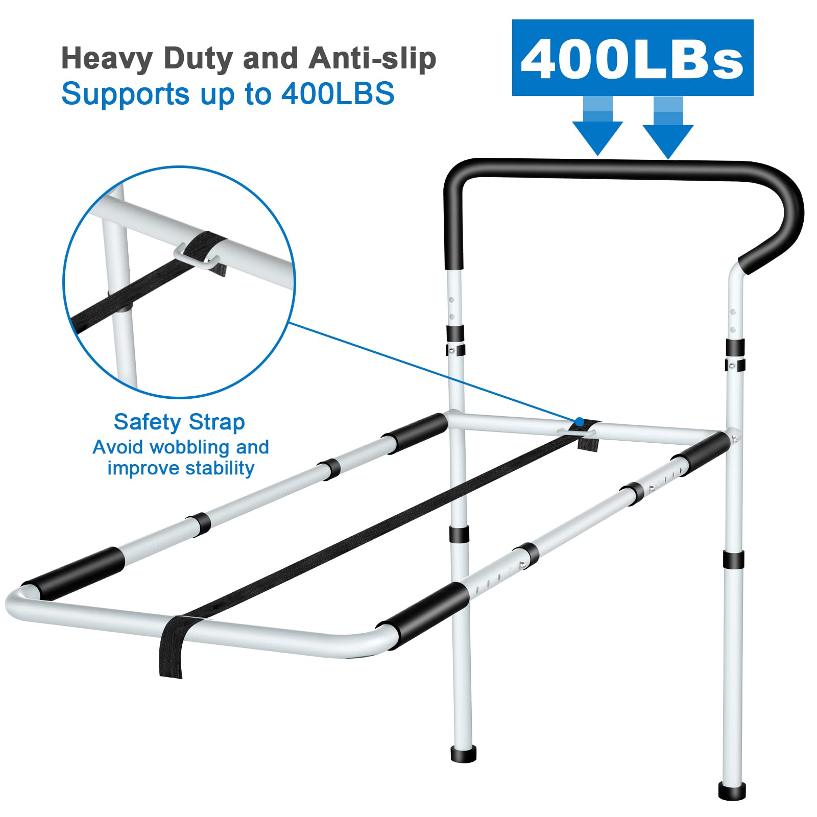 KingPavonini Bed Rails for Elderly Adults Safety - Adjustable Bed Cane with Non-Slip Ergonomic Handle and Storage Pocket, Stable Bed Assist Rails for Seniors Hold up to 400 Lbs, Tool-Free Assembly